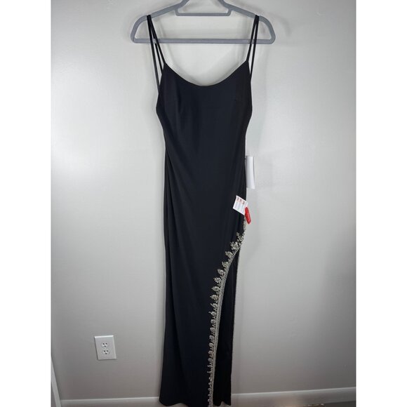 MAC DUGGAL Black Maxi DRESS Size 2 Rhinestone Side Slit Cami Bodycon 42002 New - Picture 4 of 8